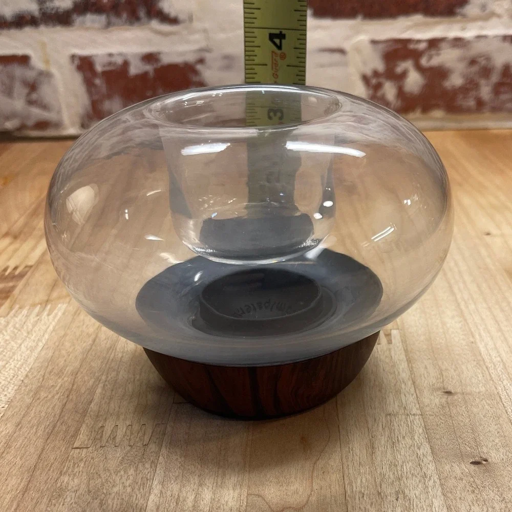 Vunder Glass Orb Votive Candle Holder Wood Grain Base Modern Minimalist 4x5